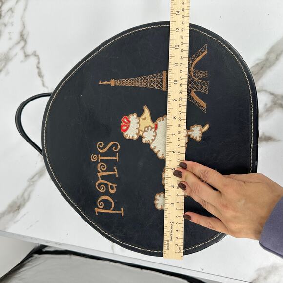 Vintage Paris Poodle Eiffel Tower Black Leather Embroider Hatbox Large Purse Bag - Picture 7 of 8